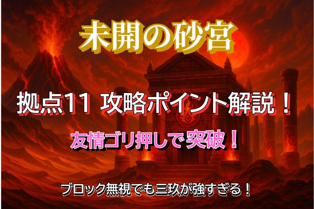 モンスト未開の砂宮・拠点11の攻略アイキャッチ画像。赤い火山と神殿背景に「三玖で友情ゴリ押し」の文字。