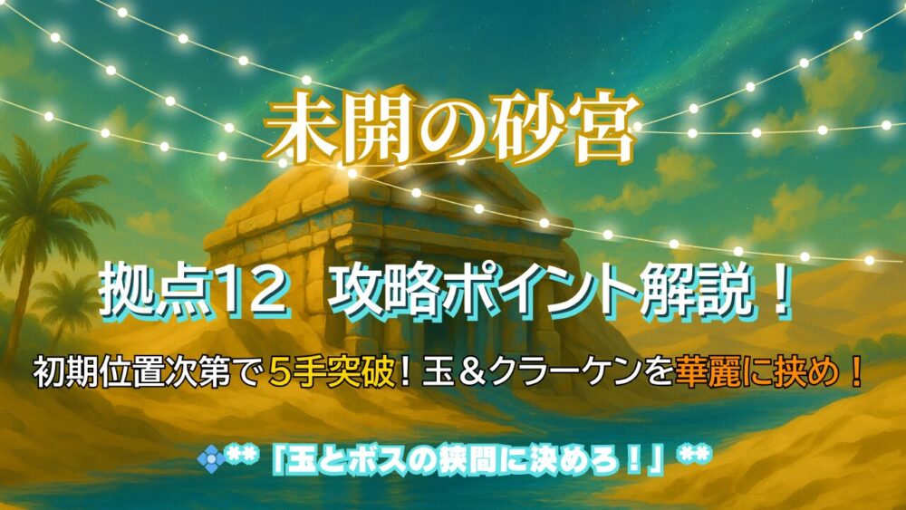 モンスト未開の砂宮 拠点12の攻略ポイントを解説したサムネイル画像。中央に神殿、上部に「未開の砂宮」、下部に「玉とボスの狭間に決めろ！」の文字がある。