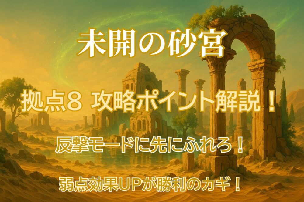 モンスト「未開の砂宮 拠点8」の攻略ポイントを解説したサムネイル画像。反撃モードと弱点効果UPの解説キャッチ付き。