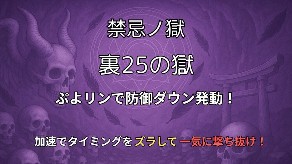 モンスト禁忌の獄・裏25の獄（晦闇の奈落）サムネイル画像。ぷよリンのドクロで敵を防御ダウンさせ、加速でタイミングをずらして突破する構成。