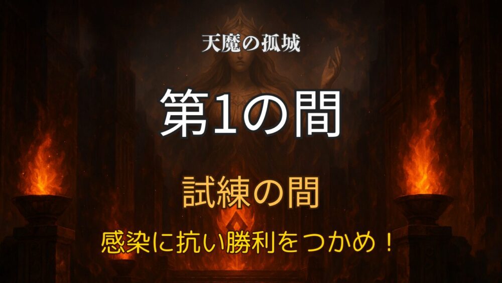 モンスト「天魔の孤城・試練の間・第1の間」の攻略用サムネイル画像。炎と神の幻影が浮かぶダークな神殿背景。