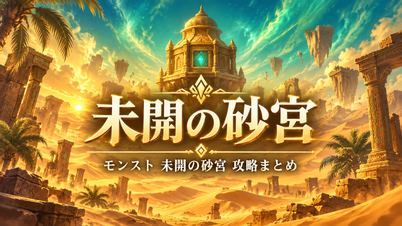 モンストの未開の砂宮攻略まとめをイメージした黄金の砂漠と浮遊宮殿のアイキャッチ画像