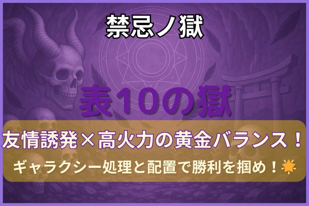 禁忌ノ獄・表10ノ獄をソロモン×ルシファー編成で攻略。友情誘発と高火力コンボで安定突破し、ギャラクシー処理と配置調整で勝利を掴んだ攻略サムネイル画像。