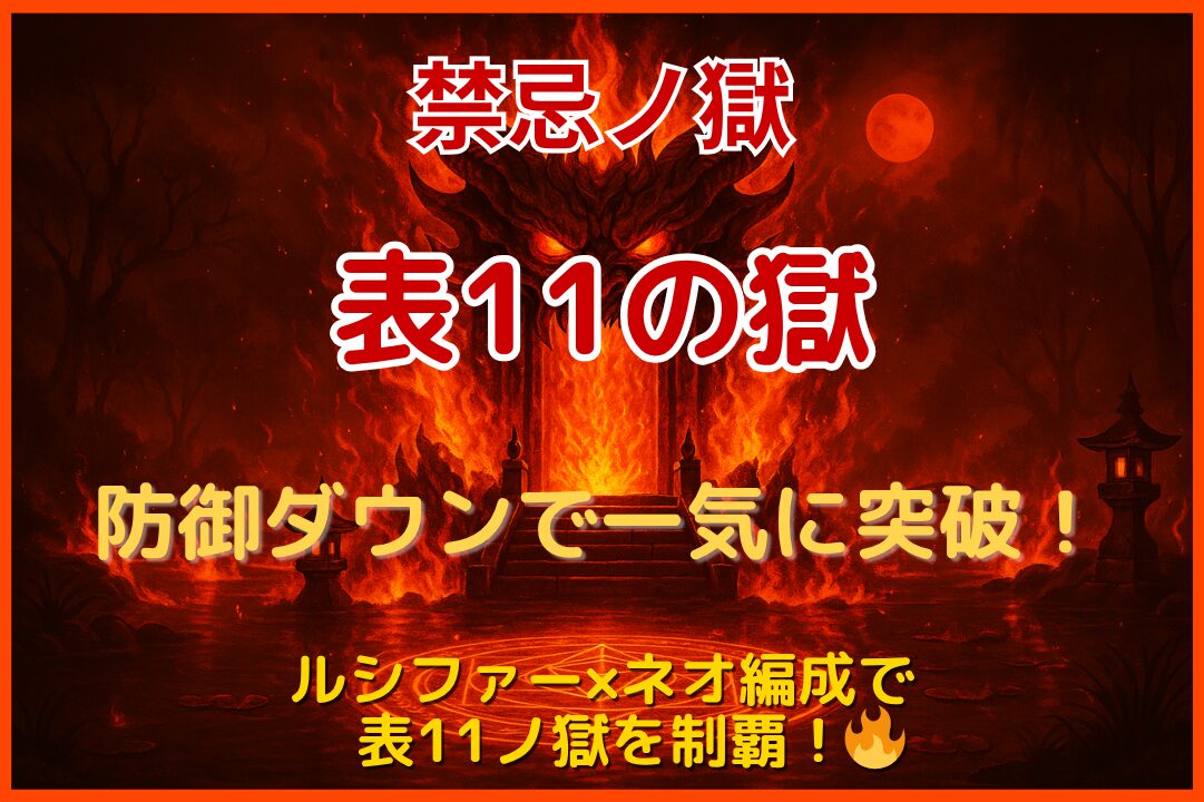 禁忌ノ獄・表11ノ獄をルシファー×ネオ編成で攻略！防御ダウンから一気に突破した瞬間のイメージ画像。