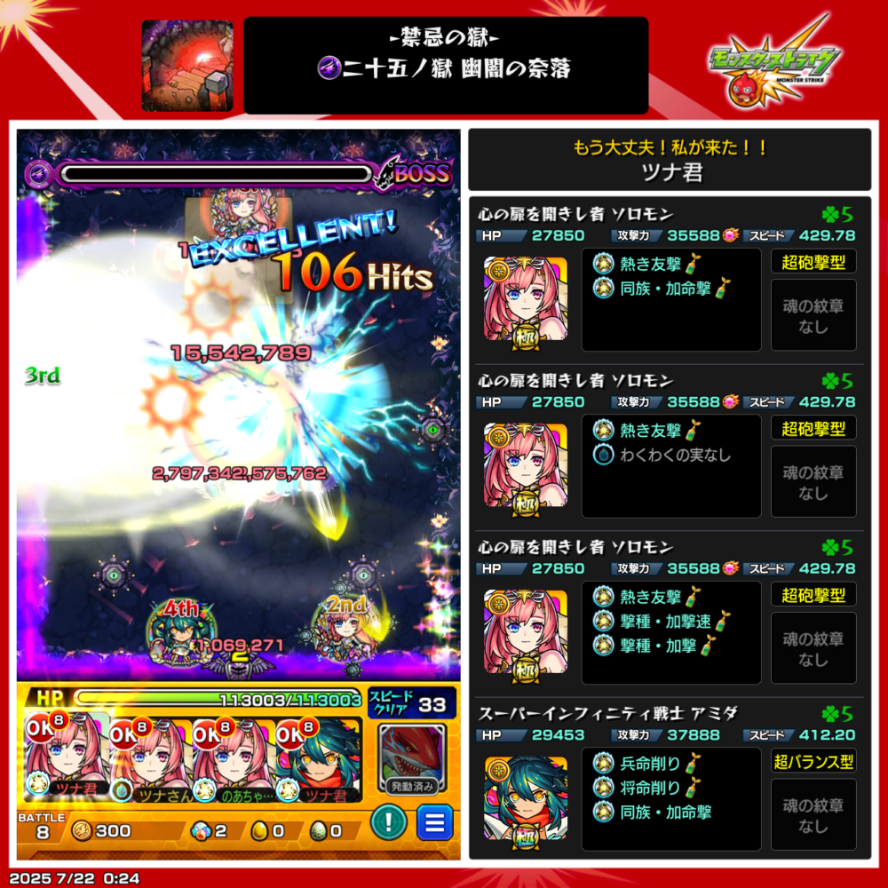 モンスト禁忌の獄・表25ノ獄(幽闇の奈落)ボス戦のスクリーンショット。ソロモン3体+アミダの編成で高火力友情を発動し、ボスに約27億ダメージを与える場面。右側には各キャラの詳細ステータスと紋章情報が表示されている。