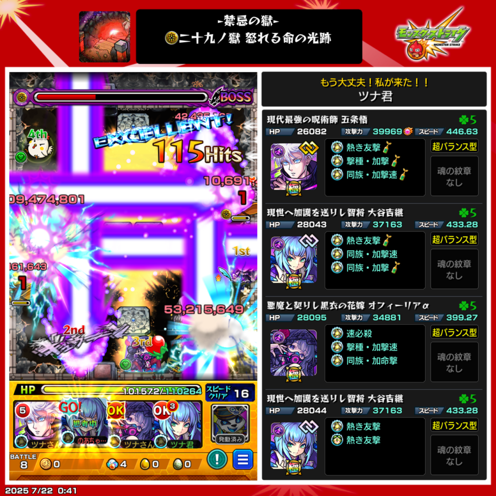 モンスト禁忌の獄・表29ノ獄(怒れる命の光跡)ボス戦のスクリーンショット。五条悟、伏守大谷吉継、オフィーリアαによる編成で、友情コンボが炸裂し大ダメージを与える場面。右側には各キャラのステータスと紋章なしの構成が表示されている。