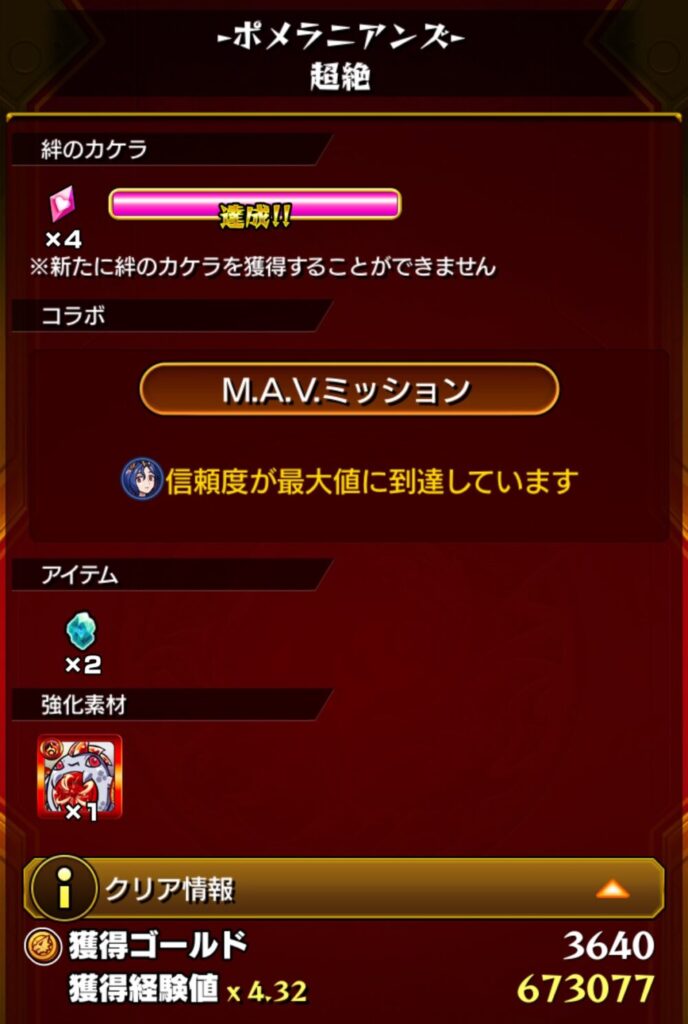 モンスト『ポメラニアンズ・超絶』クリア後の報酬画面。絆のカケラが上限に達し『達成!!』と表示。M.A.V.ミッション達成済みで、信頼度が最大に。報酬としてアイテム2個、強化素材1個、ゴールド3640、経験値673077を獲得。