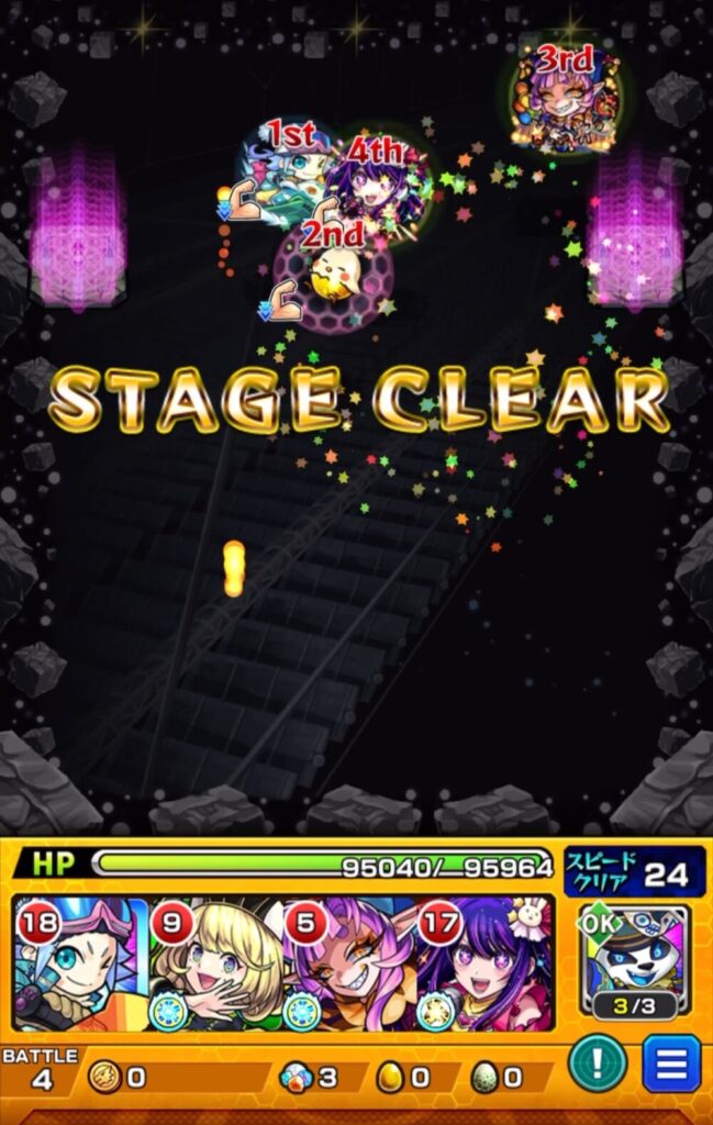 モンストのステージクリア画面。「STAGE CLEAR」の文字とともに、星が舞い上がる演出。1st〜4thのキャラが画面上部に集まり、HPは95,040/95,964でスピードクリア残り24ターン。バトル数は4、報酬に銀卵3個と金卵1個、守護獣ゲージは3/3でMAX状態。