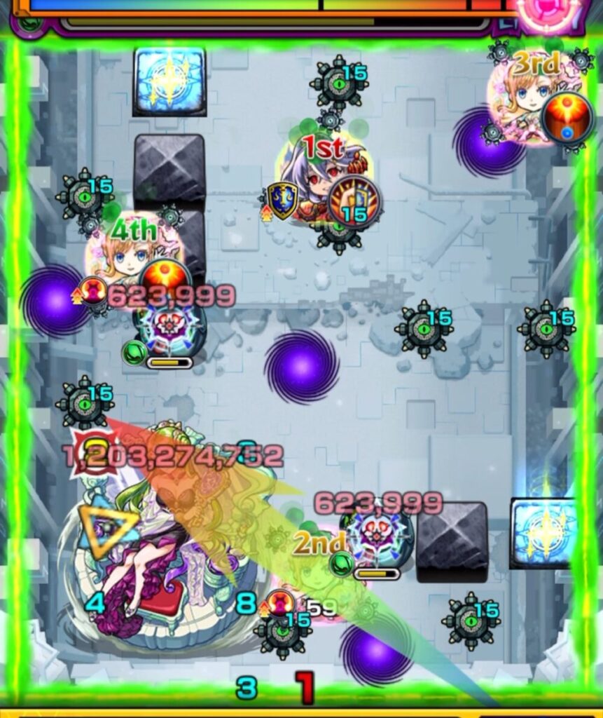モンスト「破界の星墓・パライソの星墓」ボス最終ステージ。左下にボスが配置され、周囲に雑魚や地雷が点在。中段に味方2ndが配置され、攻撃矢印がボスに向かって伸びている。大ダメージの数値演出も表示中。
