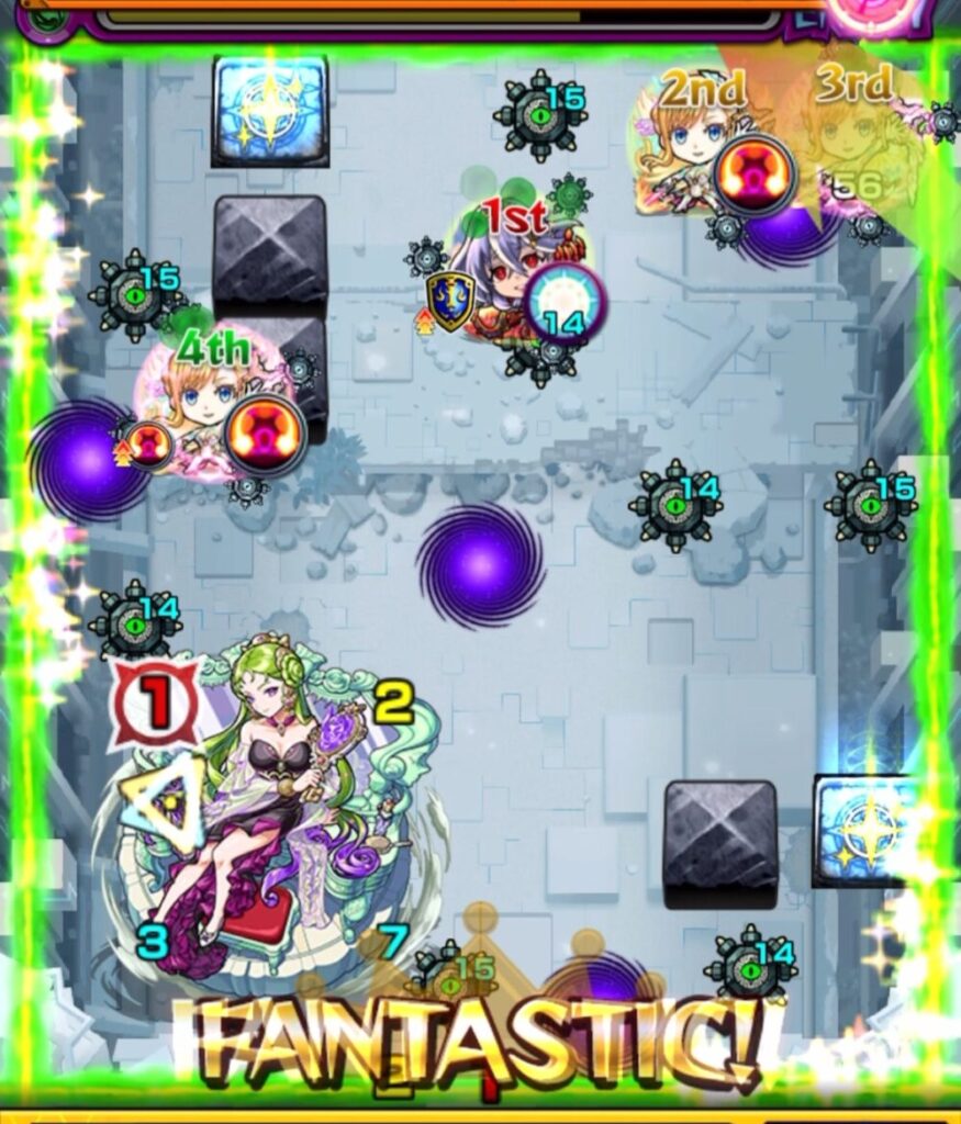 モンスト「破界の星墓・パライソの星墓」ボス最終ステージ。左下にボス（女神風のキャラ）が出現し、攻撃ターンカウントが表示。味方キャラは上部に集まり、下部中央に「FANTASTIC!」の文字演出が現れている。
