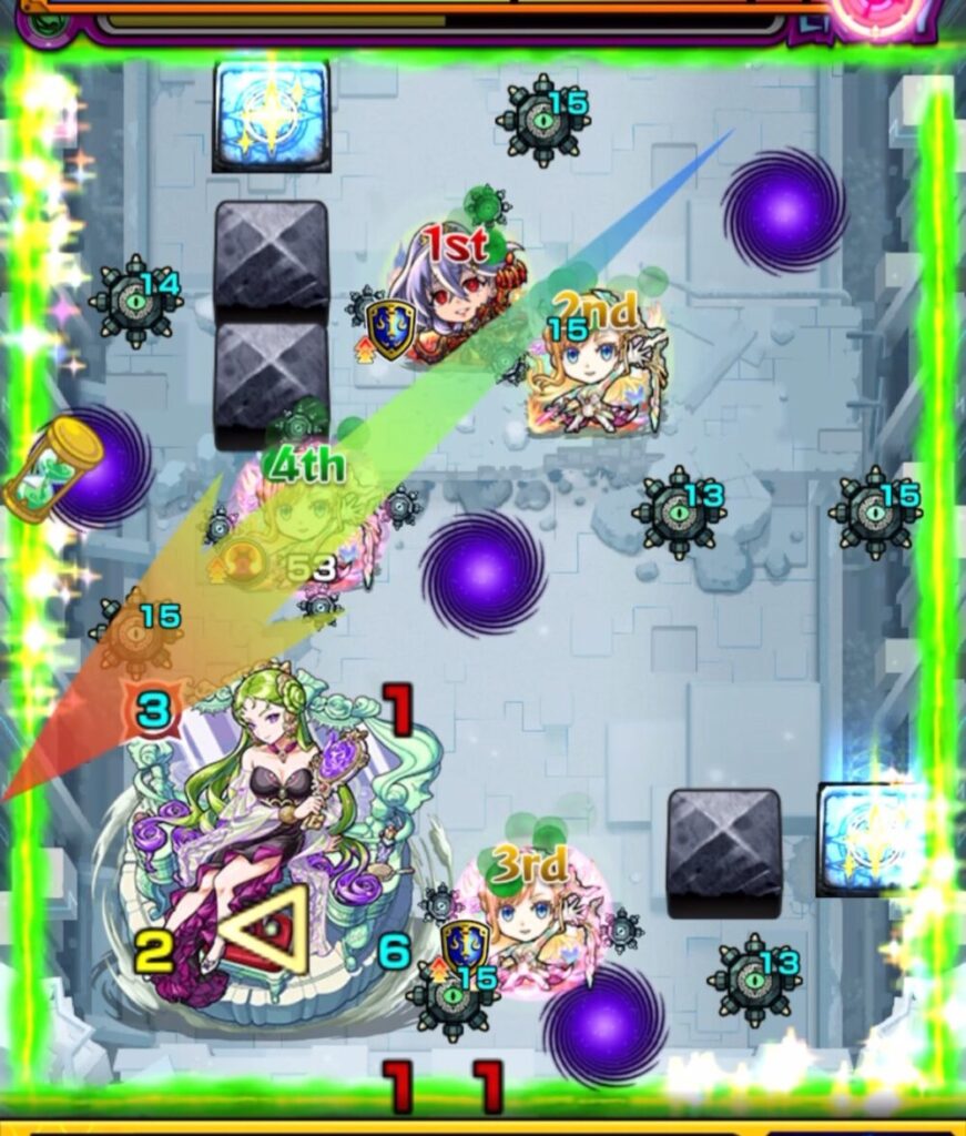 モンスト「破界の星墓・パライソの星墓」ボス最終ステージ。左下にボスキャラが登場し、各部に設置された減速壁やワープ、レーザーバリアが配置されている。味方キャラが中央から右上にかけて位置取り、攻撃ルートの矢印が表示されている。
