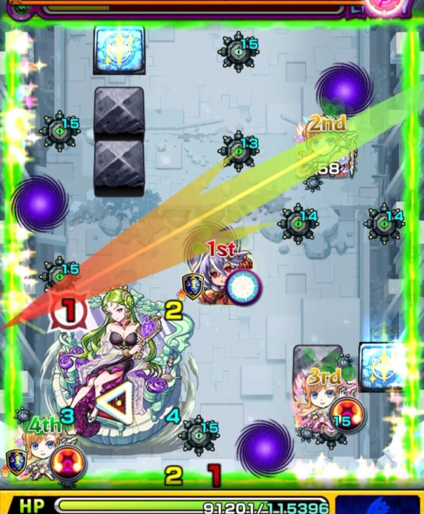 モンスト「破界の星墓・パライソの星墓」ボス戦のプレイ画面。左下にボスが出現し、1stのキャラが斜めにルートを描いて攻撃準備中。ダメージウォールに囲まれたステージで、敵の配置や数字ターンが表示されている。
