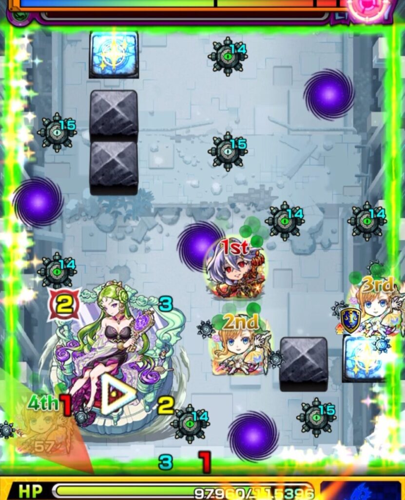 モンスト「破界の星墓・パライソの星墓」ボス第1ステージ。左下にボスが座る形で配置され、周囲に地雷と転送壁が多数展開。味方キャラは右側と中央に固まり、ギミックを意識した立ち回りが求められる局面。
