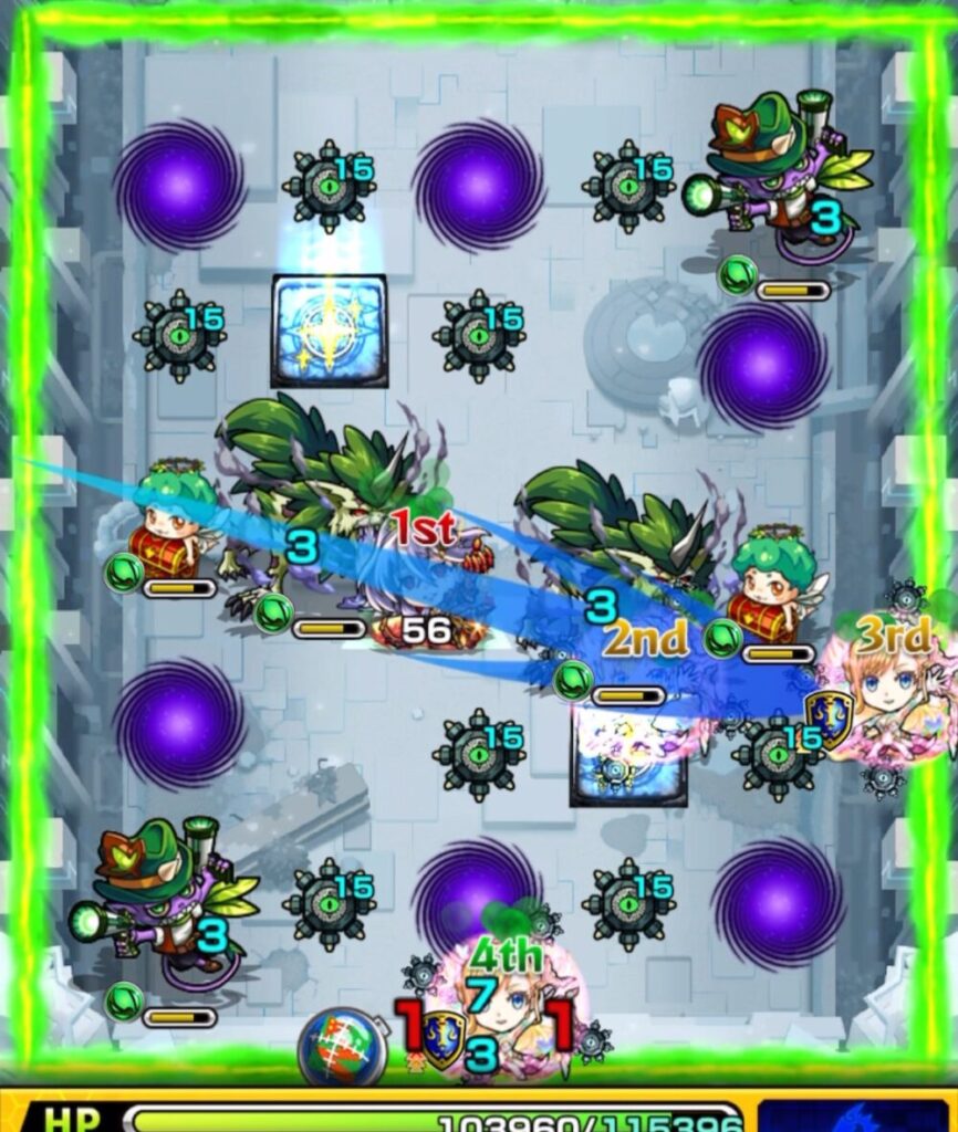 モンスト「破界の星墓・パライソの星墓」第2ステージ。敵は木属性の雑魚と反射制限が多数配置され、味方は中央から右下にかけて密集。友情誘発を意識した配置になっている。
