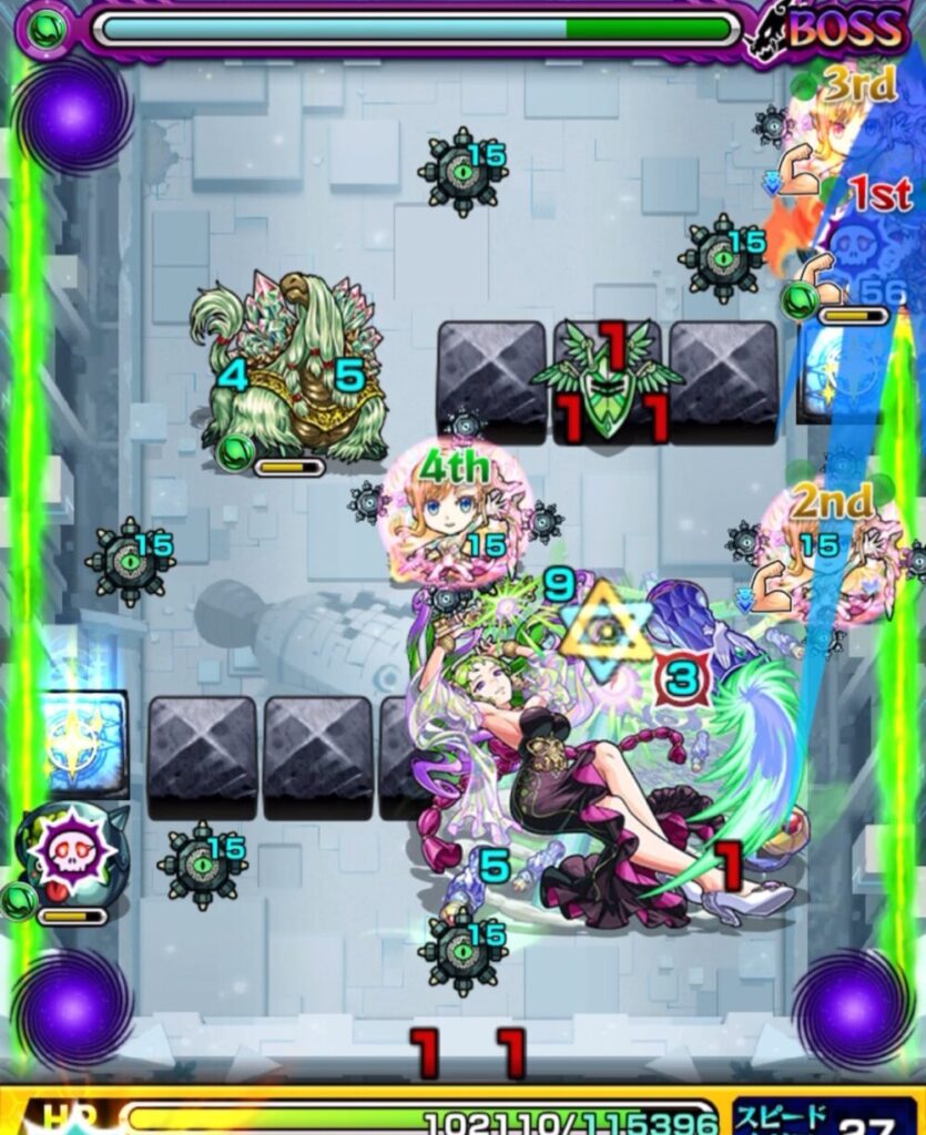 モンスト「破界の星墓・パライソの星墓」ボス戦のステージ。画面中央にボス（木属性の女性キャラ）が登場し、四隅に味方が配置。減速壁とブロックに囲まれた中で、友情と直殴りの選択が問われる場面。
