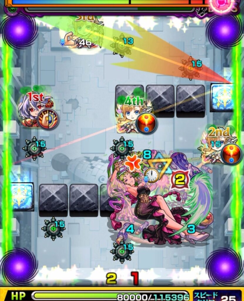 モンスト「破界の星墓・パライソの星墓」ボス第2戦。ボス中央に木属性の女性型ボス、周囲にビットンと味方キャラ。友情コンボ誘発とブロックの間を狙ったルートが描かれ、ゲージ削りの重要な場面。
