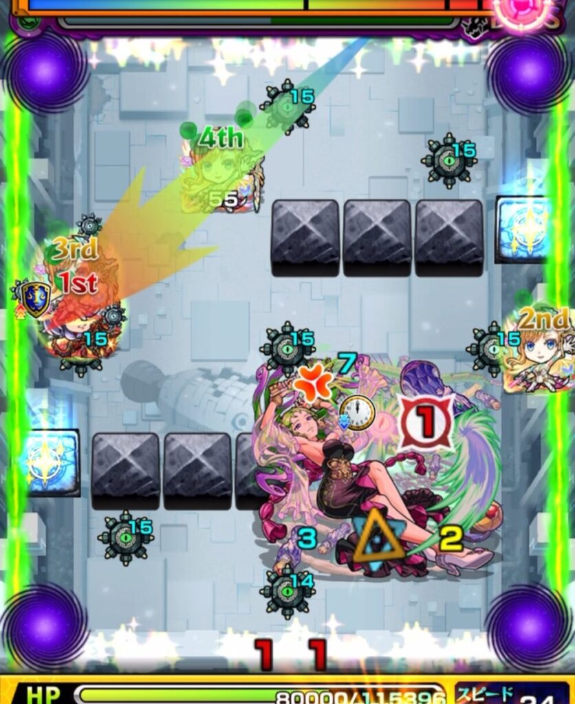 モンスト「破界の星墓・パライソの星墓」ボス第2戦終盤。ボスのHPゲージは残りわずか。敵中央に木属性ボスが横たわり、周囲に友情ビットンが多数配置。味方の1stキャラが左下から斜めに攻撃ルートを描く重要な局面。
