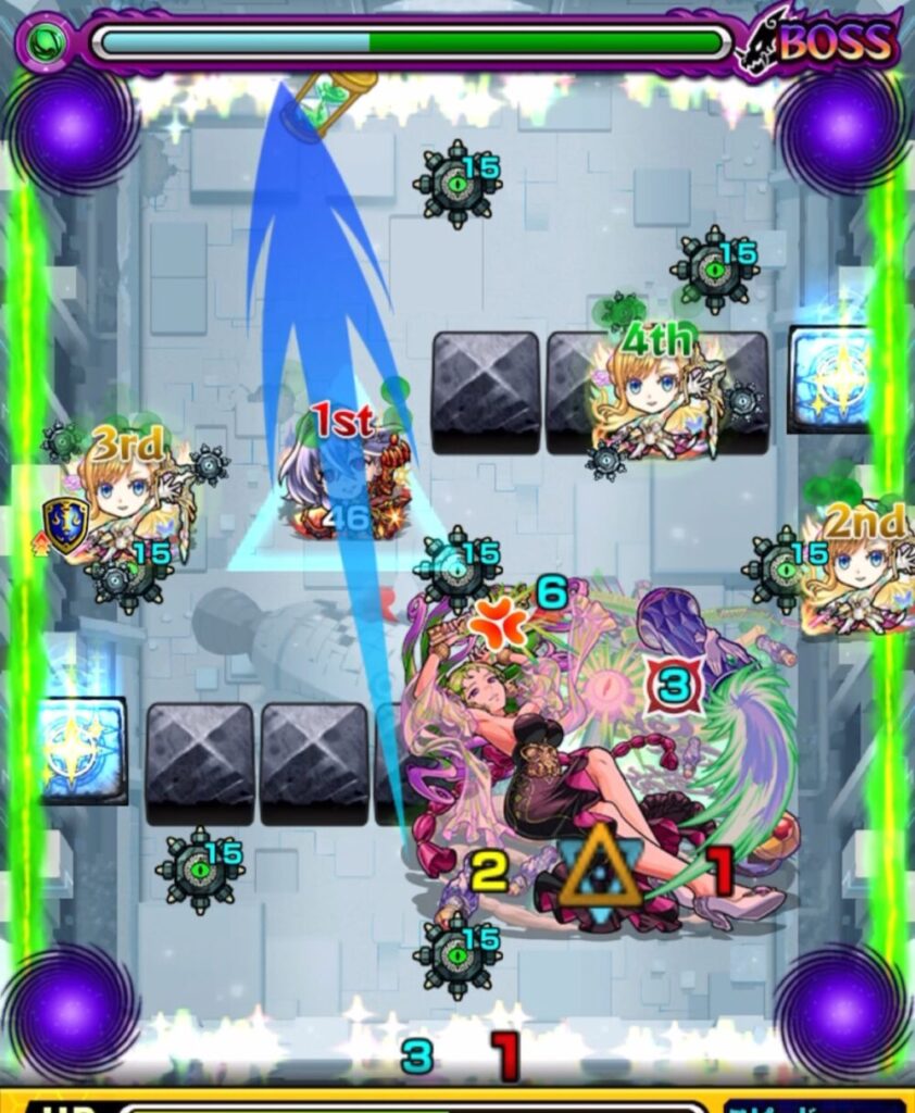 モンスト「破界の星墓・パライソの星墓」ボス第2戦。中央に木属性ボスが出現し、友情ビットンとリセットパネルが配置されている。1stキャラが上部から縦に降下するルートを選択中。
