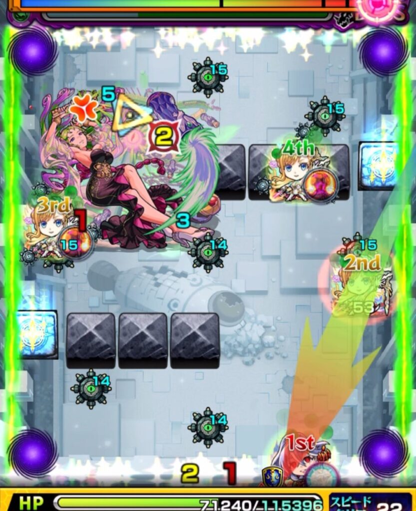 モンスト「破界の星墓・パライソの星墓」ボス第2戦。ボスが左上に位置し、リセットパネルが点灯。1stのキャラが右下から左上へ向かうルートを選択している。
