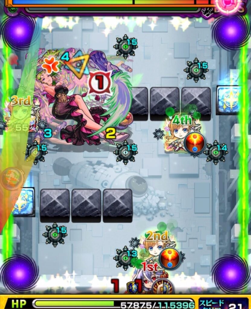 モンスト「破界の星墓・パライソの星墓」ボス第2戦。左上にボスが配置され、リセットパネルが発動中。3rdのキャラが左から斜め上に攻撃ルートを描いている場面。
