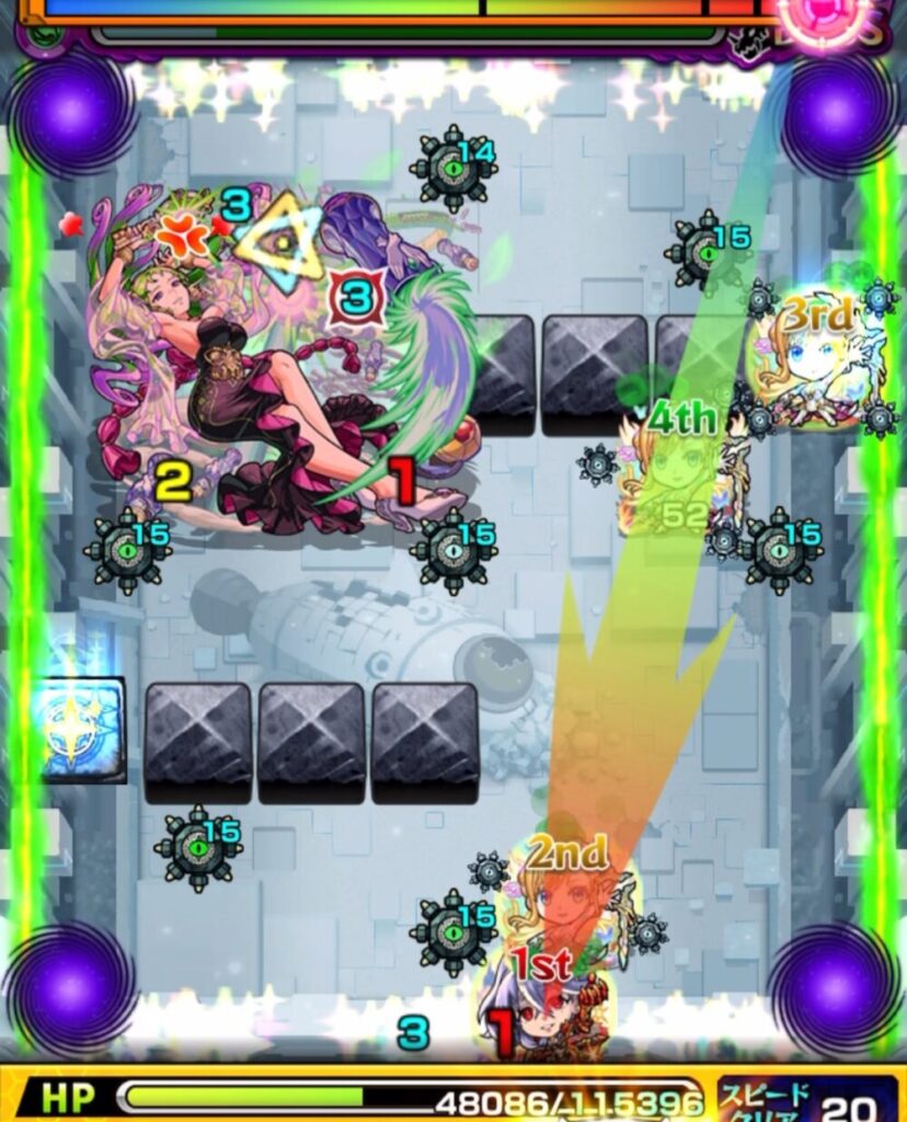 モンスト「破界の星墓・パライソの星墓」ボス第2戦。ボスの弱点が左上に出現し、リセットパネルが起動中。1stのキャラが下から斜め上に向かって攻撃ルートをとっている場面。
