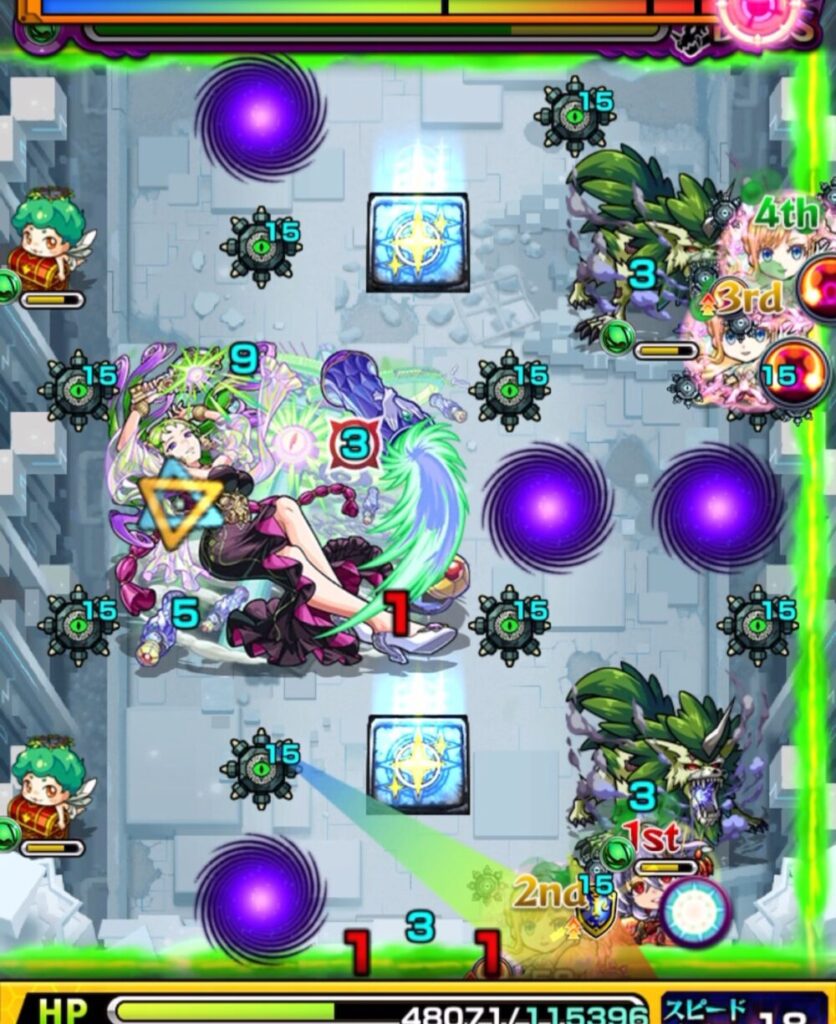 モンスト「破界の星墓・パライソの星墓」ボス最終戦。ボスが中央に出現し、周囲にダメージウォールと地雷が配置されている。右下に味方キャラが集中し、攻撃準備中。
