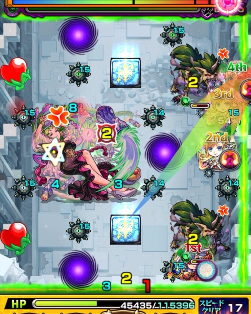 モンスト「破界の星墓・パライソの星墓」ボス最終戦。ボスが左中央に位置し、右下に味方と木属性の雑魚敵が集まる場面。ステージ全体ダメージウォールと地雷が展開中。
