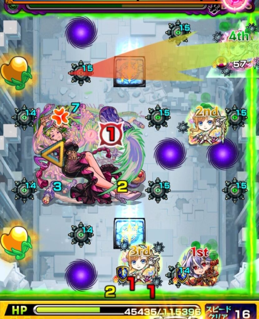 モンスト「破界の星墓・パライソの星墓」ボス戦。ボスが左下に配置され、味方が画面右側に集結。ダメージウォールと地雷、属性効果パネルが点在する構成。
