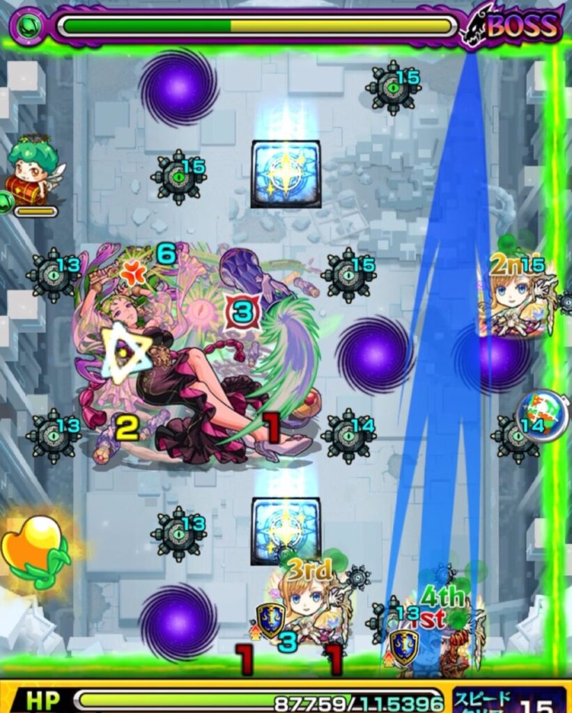 モンスト「破界の星墓・パライソの星墓」ボス戦。画面中央にボスが配置され、味方は右下と右上に位置。ダメージウォールと地雷、魔法陣、リセットパネルが点在する盤面構成。

