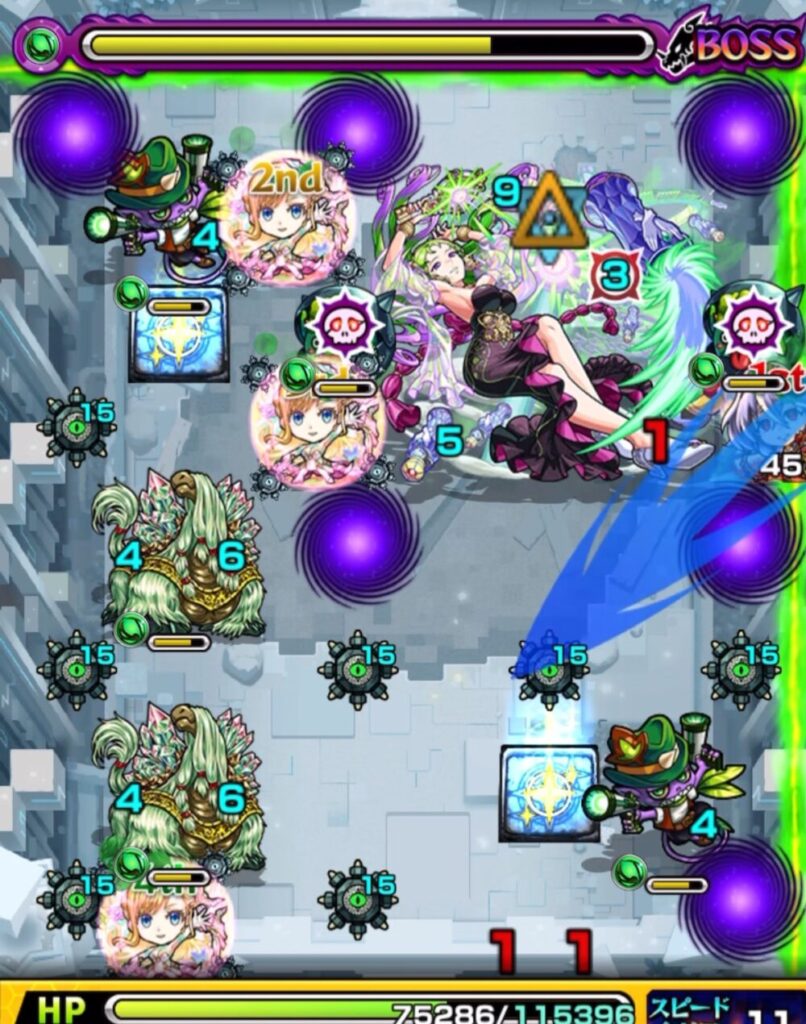 モンスト「破界の星墓・パライソの星墓」ボス最終ステージの戦闘シーン。中央にボスが配置され、周囲を複数の雑魚敵とギミック（ワープ・地雷）が囲む高難度バトル状況。
