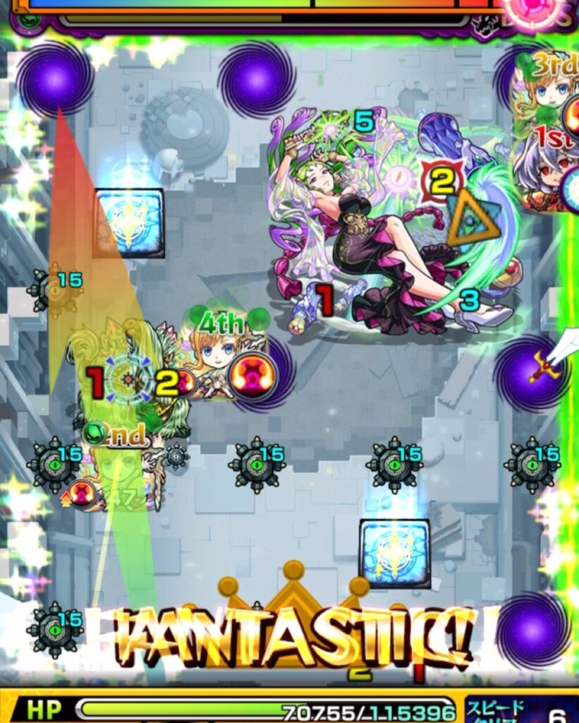 モンスト「破界の星墓・パライソの星墓」ボス最終ステージ。ボスのHPが残りわずかで、左下では2ndキャラが攻撃ルートに入っている。「FANTASTIC！」の文字が表示され、攻撃が成功したことを示している。
