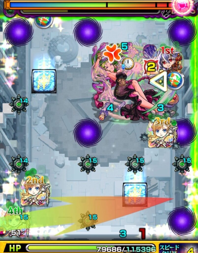 モンスト「破界の星墓・パライソの星墓」ボス最終ステージ。右上にボスが配置され、1stのキャラが弱点を狙っている。画面下部には2ndと4thのキャラが位置取りしている状況。

