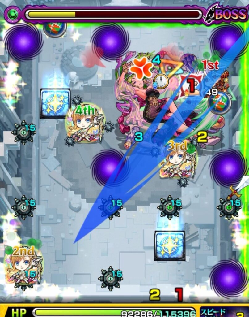 モンスト「破界の星墓・パライソの星墓」ボス最終ステージ。右上の弱点を狙って1stキャラがショット中。ボスHPはわずか、決着が近い場面。
