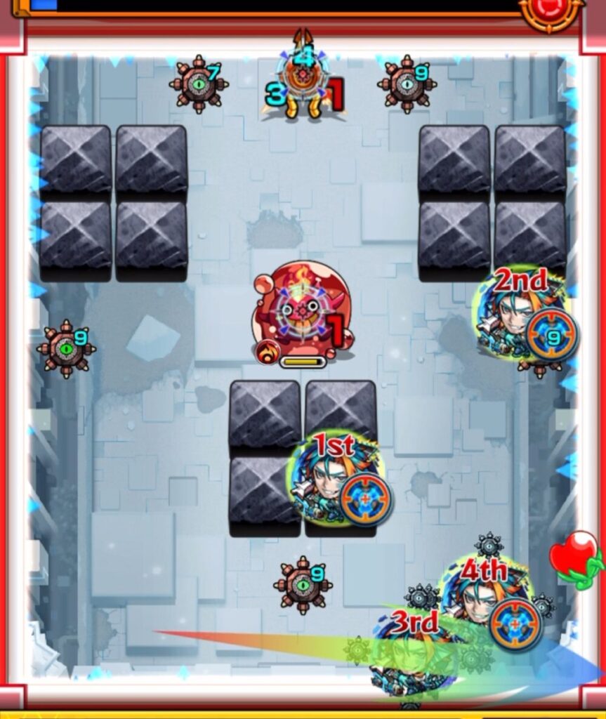 アヴァロンの星墓ステージ2｜3ｒｄキャラが、赤壁調整＋ぷよりんを攻撃を狙う場面」


