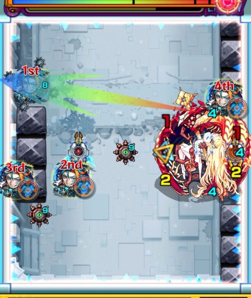 アヴァロンの星墓ステージ2｜1stキャラが左壁経由で3壁ふれ、右上の弱点露出アヴァロンに直殴りルートを狙う場面
