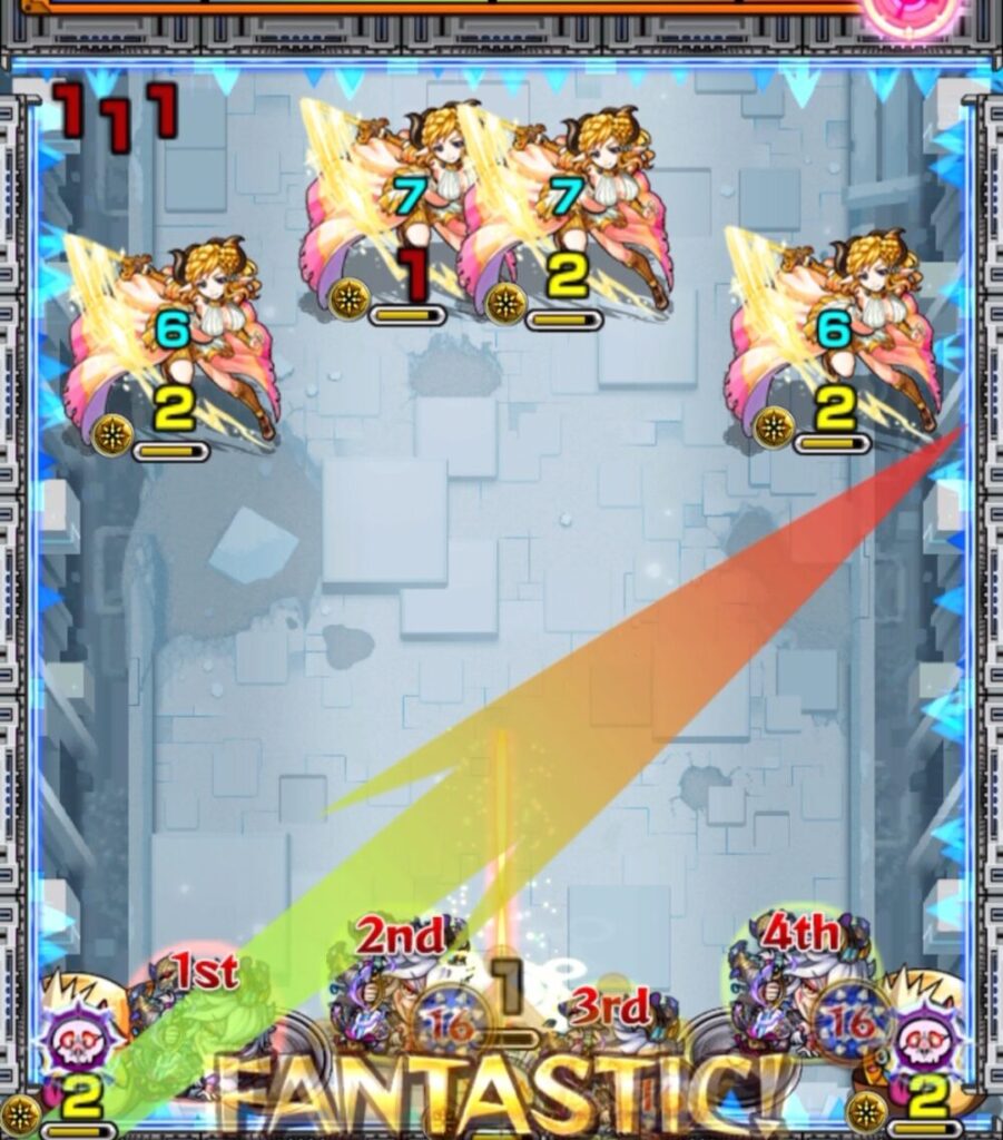 モンスト・ラブの星墓ステージ1初手。中央センサーを踏んでハトホルを狙うショット