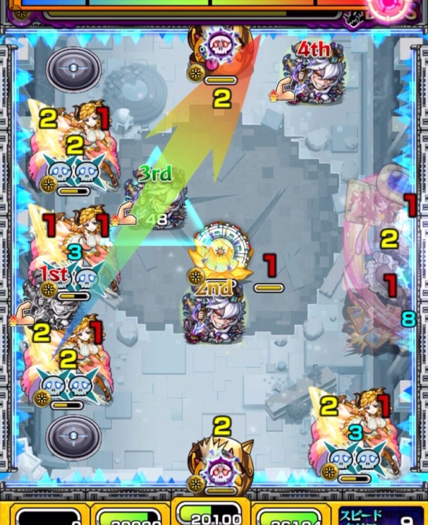 ボスステージ2の2手目。3Pのキャラが中央のかちりんを経由し、右下のハトホルと壁の間を狙う攻撃ルートが表示されている場面。