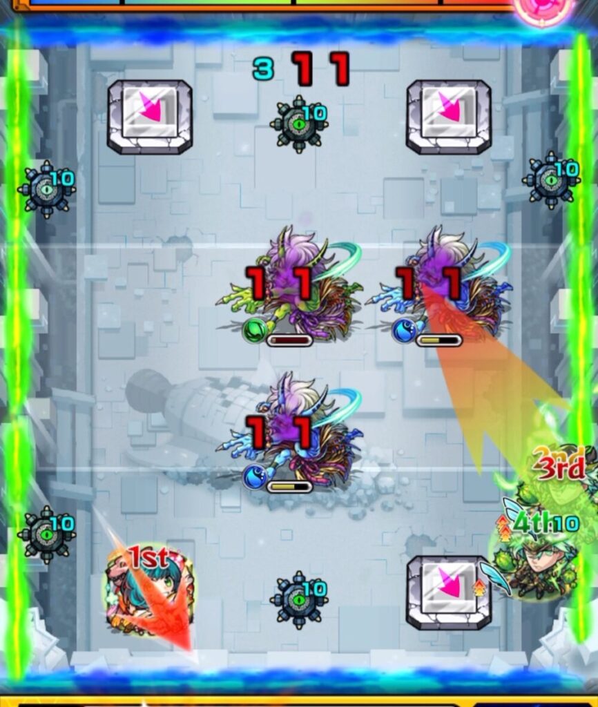 モンスト・破界の星墓 ステージ4の7手目。サワロがSSで水属性鬼を攻撃し、ノンノがパネル配置から木属性鬼を攻撃。鬼2体の間に挟まり撃破する場面のスクリーンショット