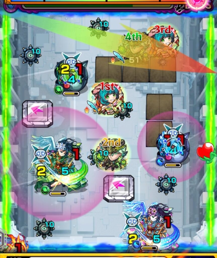 モンスト・破界の星墓 ボスステージ1。1手目のサワロがパネル上に配置され、LB持ちムラサメとかちリンペアを狙う場面。」
