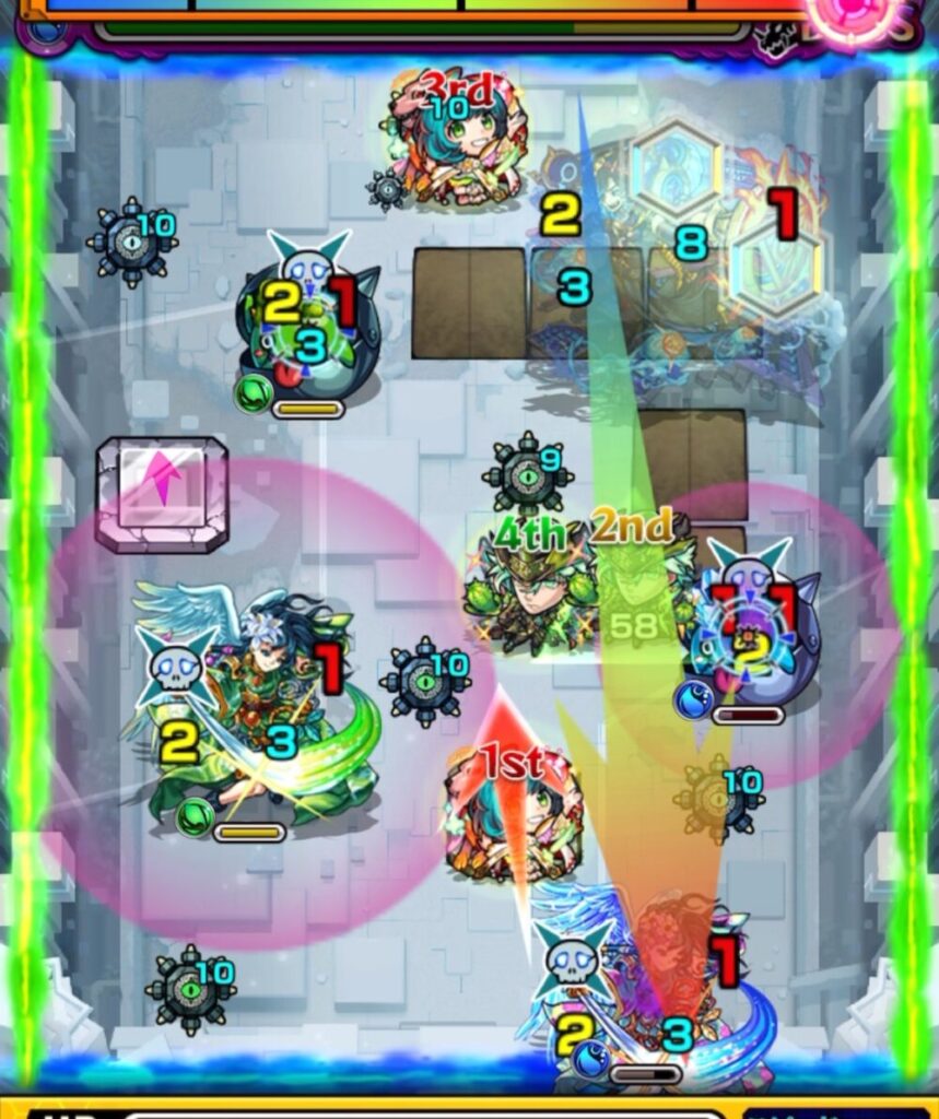 モンスト・破界の星墓ボスステージ1の3手目。サワロが水属性かちりんとムラサメを狙い、ノンノが木属性かちりんとムラサメを攻撃する配置
