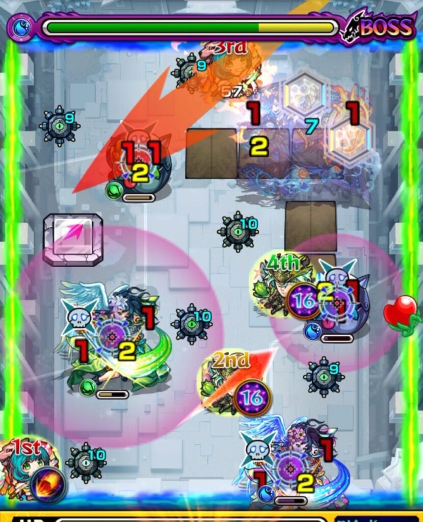 モンスト ボスステージ1・4手目のプレイ画面。サワロがパネル上から水属性のかちりんとムラサメを攻撃し、ノンノがSSで木属性のかちりんとムラサメを狙う場面。
