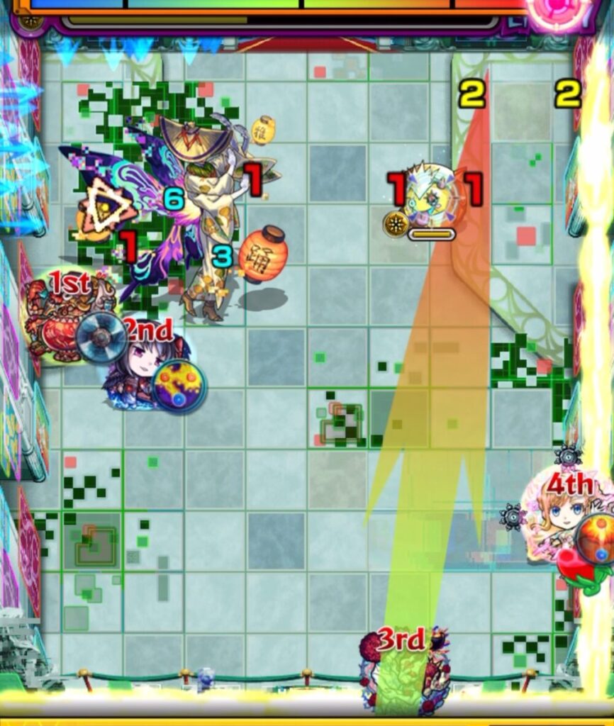 超究極・ポンデラックス【ステージ2】2手目の配置例。毎ターン1体蘇生されるかちりんを処理しつつ、マナの友情コンボで中ボスを攻撃する場面。
