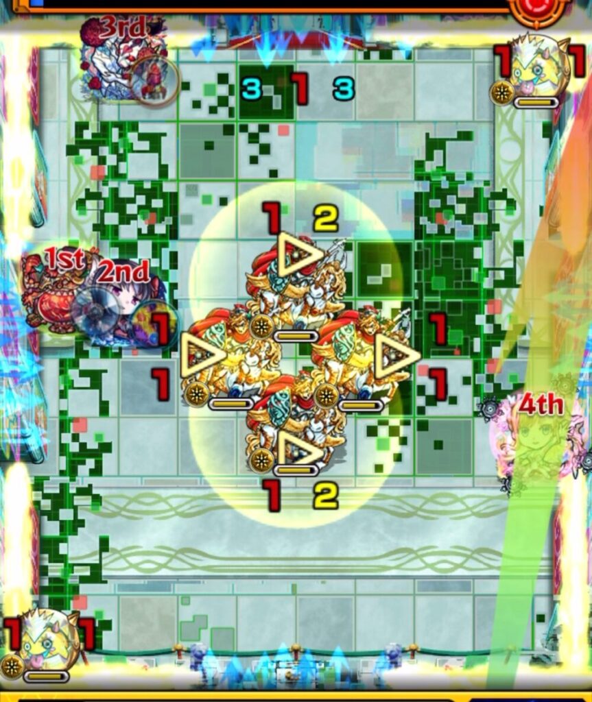 超究極・ポンデラックス【ステージ3】2手目の配置例。毎ターン1体蘇生されるかちりんを処理しつつ、友情コンボでサンダーバードを倒す場面。
