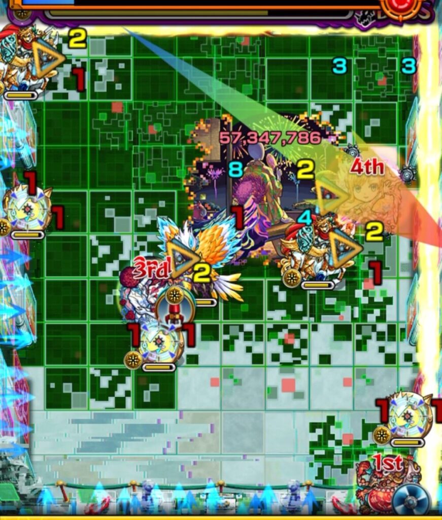 モンスト・破界の星墓ボスステージ3の1手目。かちりんを複数体処理し、1体だけ残った場面のスクリーンショット