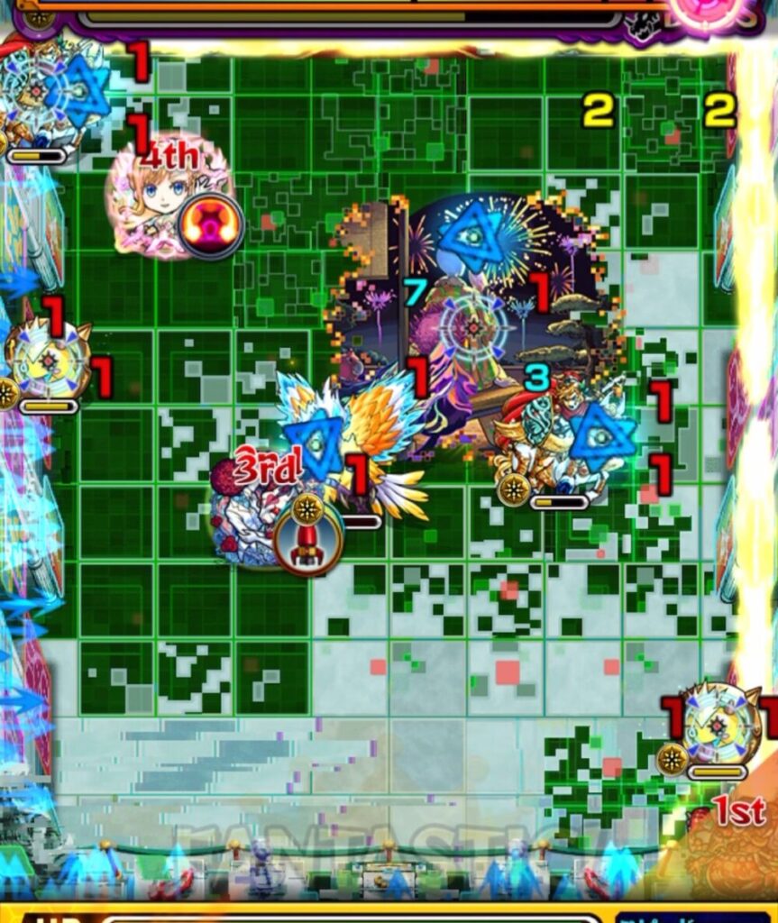 モンスト・破界の星墓ボスステージ3の2手目。かちりんが複数残った状態で、味方キャラが友情コンボを狙う盤面。