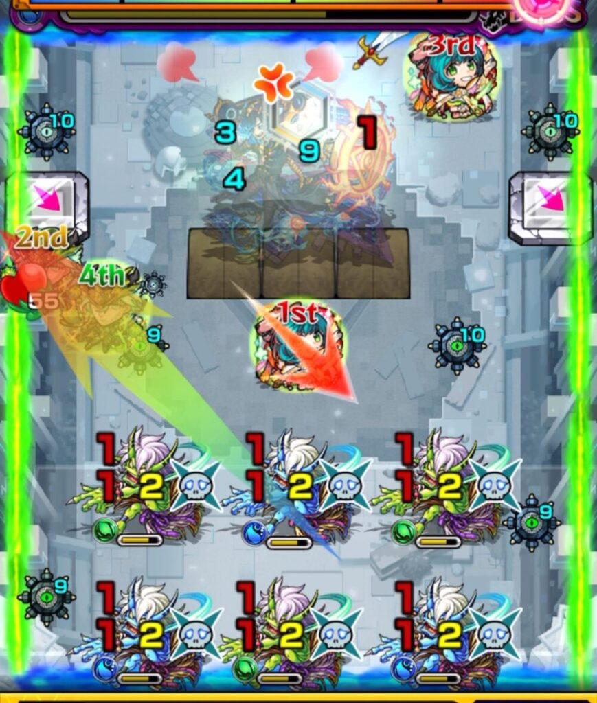 モンスト・破界の星墓 ボスステージ2の2手目。サワロが中央でパネルに配置しつつ鬼にダメージを与え、左上のノンノが鬼の間に挟まって撃破する場面。