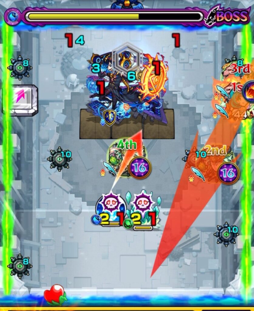 モンスト『破界の星墓』ボスステージ2・5手目、ノンノがSSでクリスタル処理とパネル配置、サワロがパネル経由でボス攻撃と玉処理を狙う場面のスクリーンショット