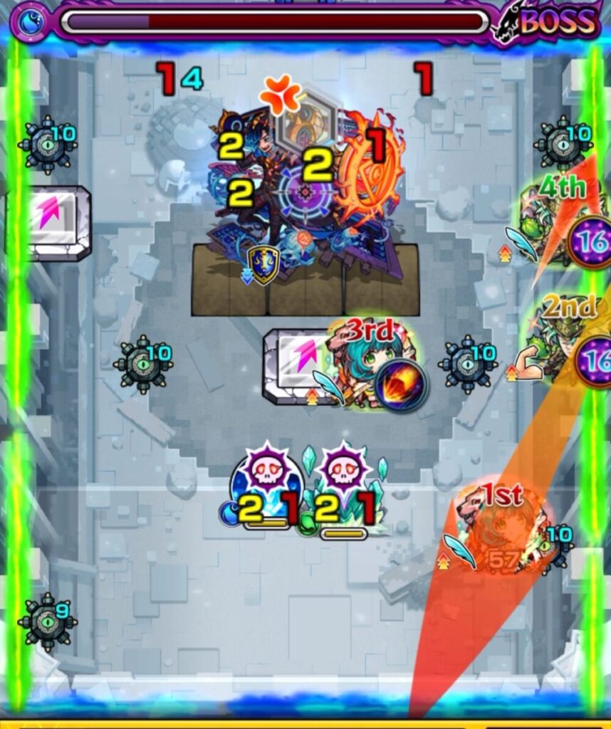モンスト「破界の星墓」ボスステージ2の9手目、ノンノがクリスタル処理経由でパネル配置し、パネル配置のサワロがボスを攻撃している場面。