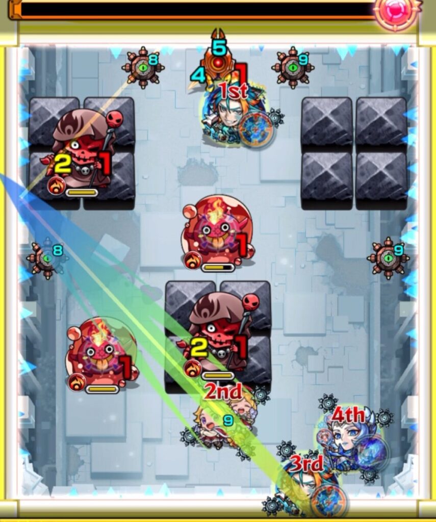 モンスト「破界の星墓 アヴァロンの星墓」ステージ1の2手目。壁1ふれで赤壁に変化させ左ゾンビを処理し、4壁ふれで下のゾンビも処理するルートを示したスクリーンショット
