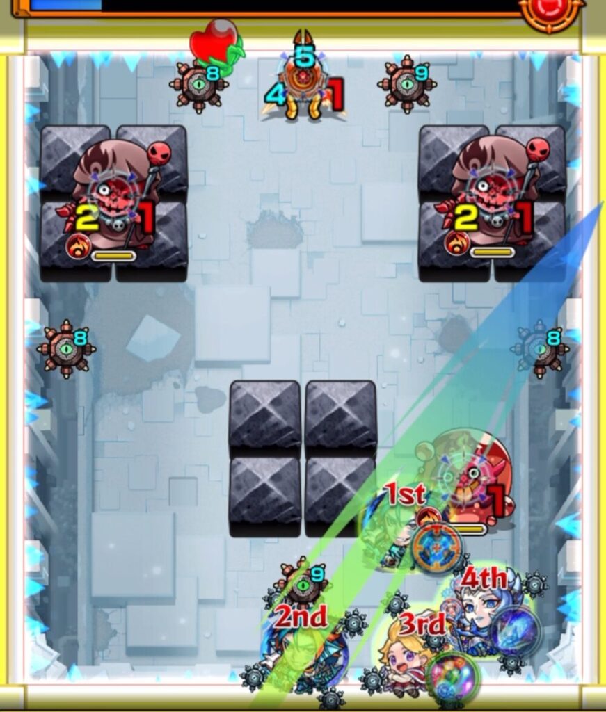 モンスト「破界の星墓 アヴァロンの星墓」ステージ1の2手目。右ブロックの切れ目付近を狙い、蘇生された上側のゾンビ処理を狙うルートを示したスクリーンショット
